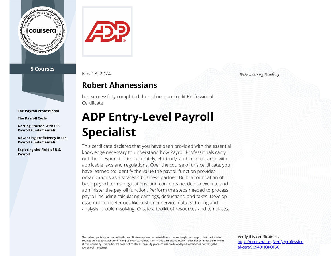 ADP Entry-Level Payroll certificate - Robert Ahanessians